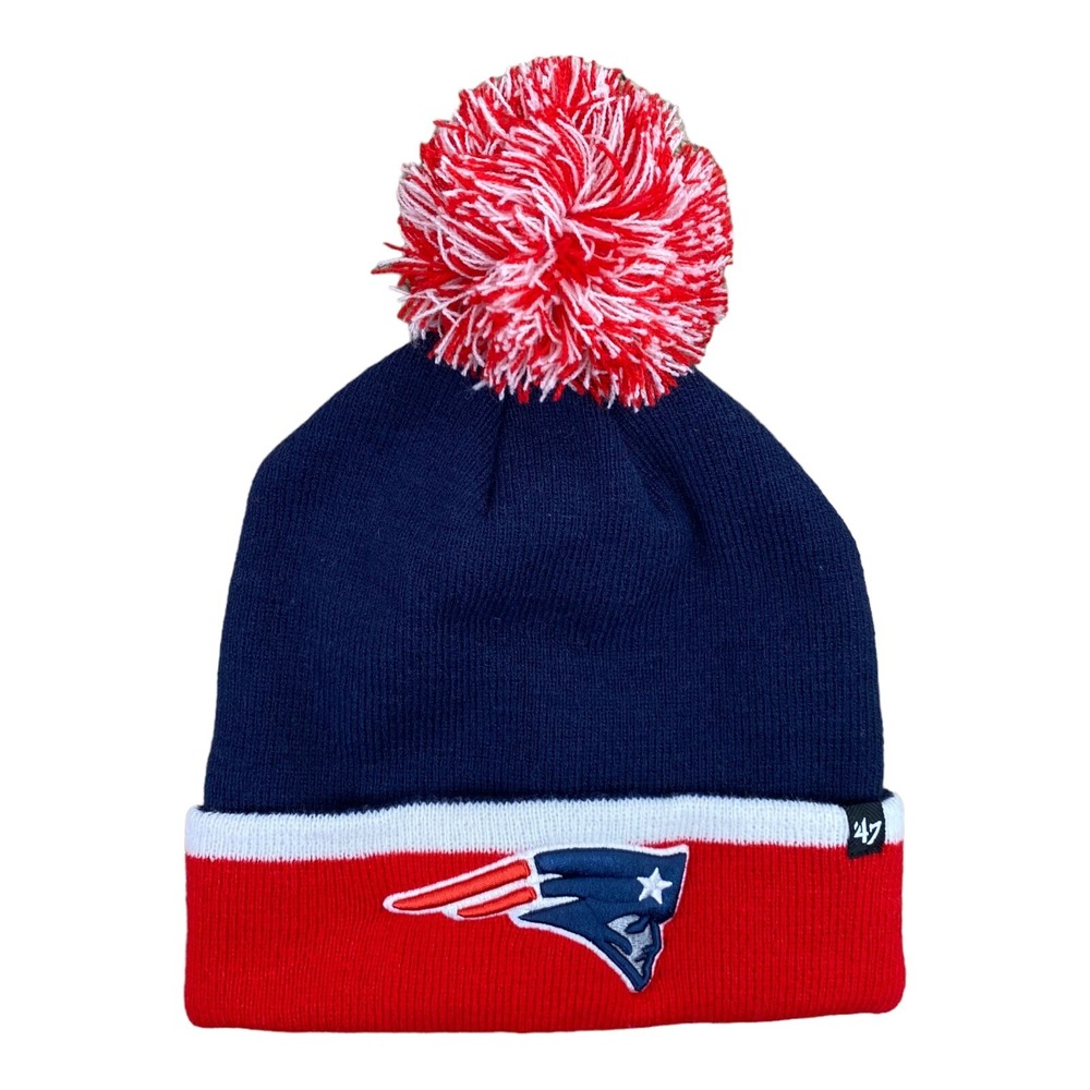 '47 Brand Mens NFL New‎ England Patriots Baraka Navy Cuffed Pom Knit Cap Hat NWT